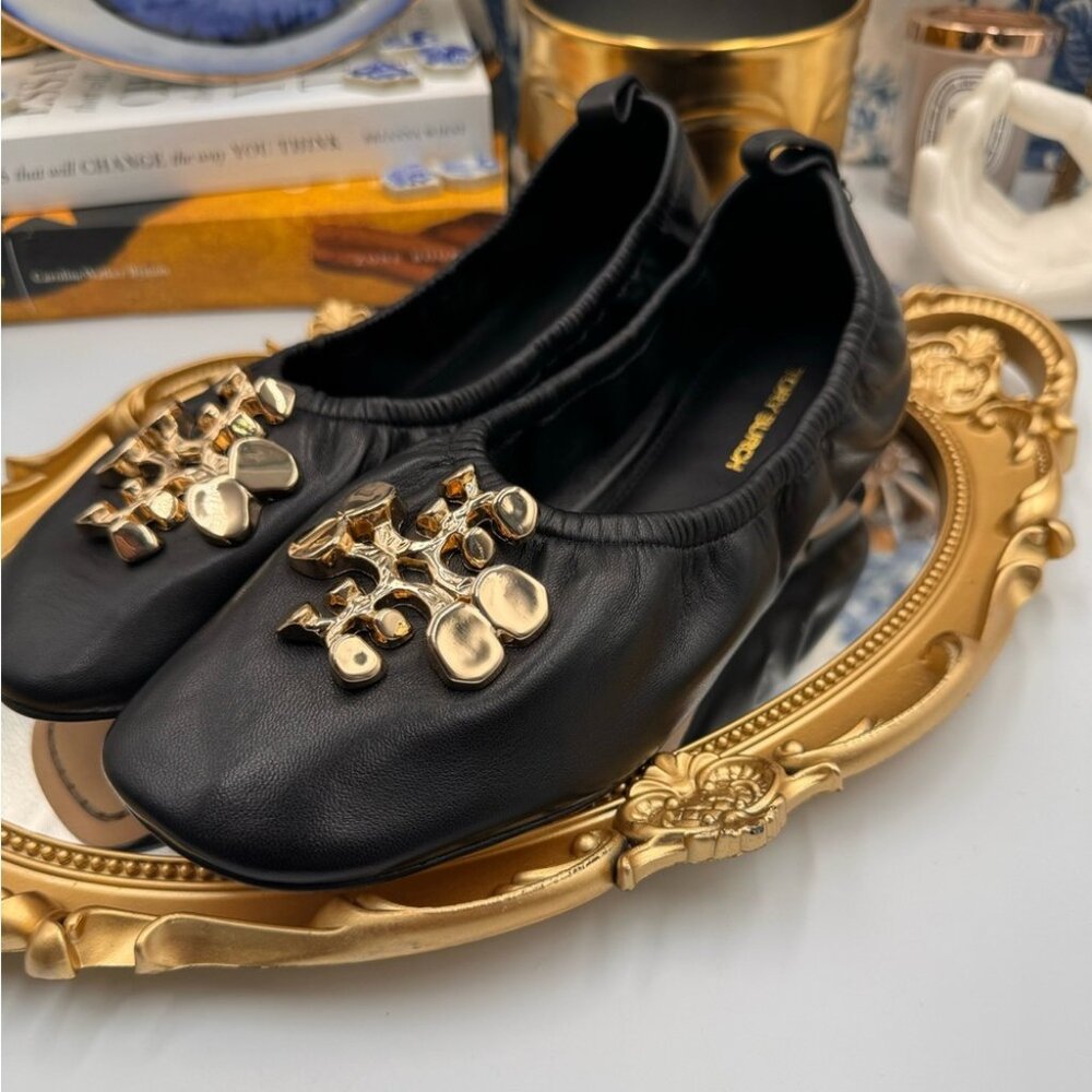 🆕 TORY BURCH 🧿 BNWOB Black Sheepskin Leather Abstract Logo Scrunch Ballet Flat - Picture 8 of 15